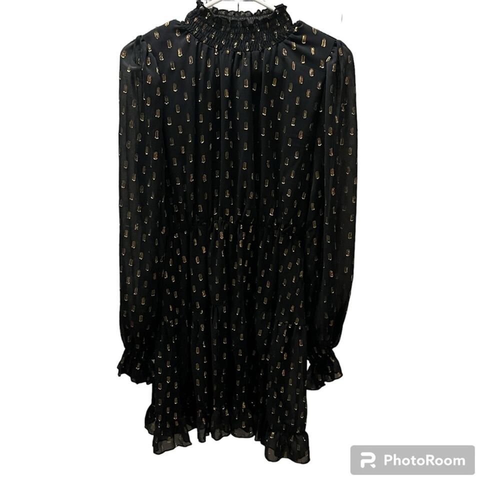 O.p.t  Women’s Black & Gold Mock Neck Metallic Smocked Dress Size medium